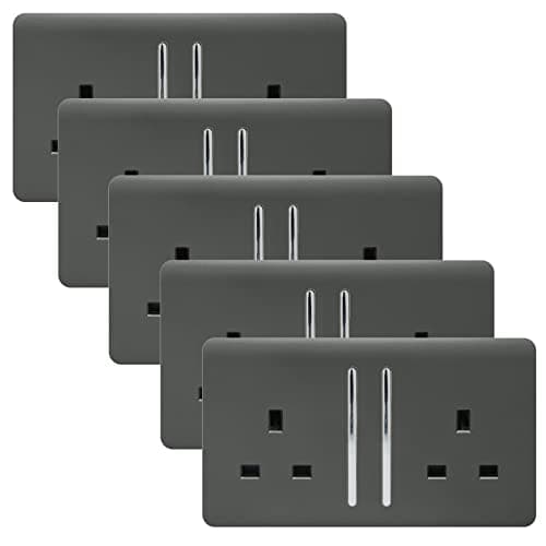 Image of Trendi 2 Gang Artistic Modern Glossy 13 Amp Switched Tactile Plug Socket Charcoal (5 Pack)