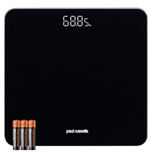 Image of paul russells Digital Bathroom Scales for Body Weight, Weighing Scale with Glass, High Precision Sensors Accurate Weight Machine, Batteries Included, 180kg/28st/400lb, Black