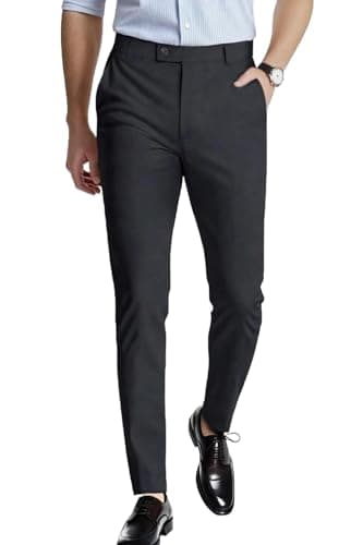 Image of GINGTTO Mens Dark Grey Dress Pants Slim Fit Wrinkle Resistant Stretch Chinos Trouser Slacks for Men Casual 36