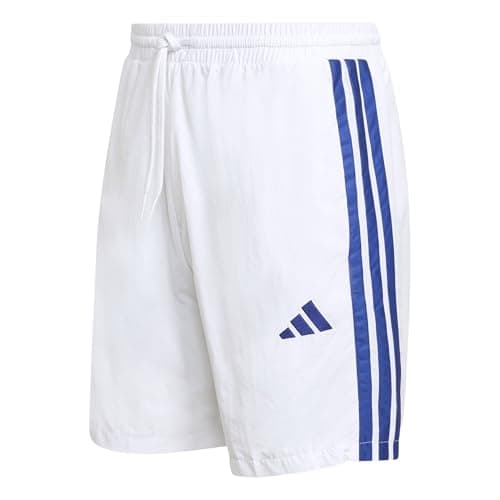 Image of adidas Men's Essentials Three Stripes Chelsea Woven Short, White/Mystery Ink/Mystery Ink/Mystery Ink, M