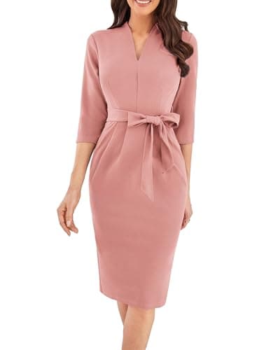 Image of GRACE KARIN Women's Cocktail Dress 3/4 Sleeve Elegant Wedding Guest Bodycon Belted Dresses with Pockets Pink M