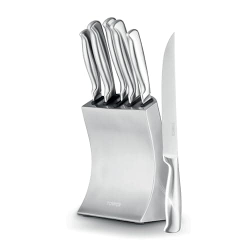 Image of Tower Core 5 Piece Knife Set with Weighted Steel Block, High Grade Polished Stainless Steel, Fine Edge Precision Blades, Ergonomic Handles, Stainless Steel, T81537SS