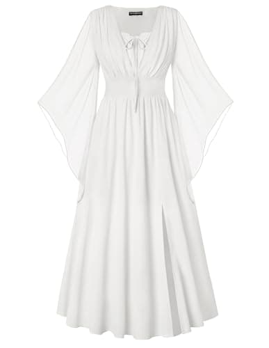 Image of SCARLET DARKNESS Women's Renaissance Dress Lace-up 3/4 Bell Sleeves Slit Front Dress Smocked Medieval Maxi Dresses White M