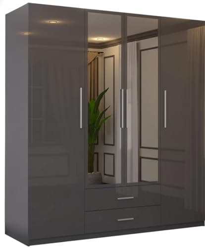 Image of SLIDING WARDROBE 4U High Gloss 4-Door Hinged Wardrobe with Mirrors, Drawers, Shelves & Hanging Rail Freestanding Bedroom Storage – White/Black/Grey (Grey, 160cm)