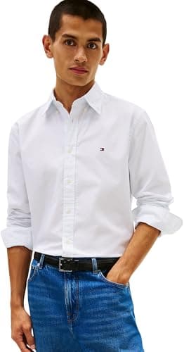 Image of Tommy Hilfiger Men Flex POPLIN Fake Solid RF Shirt MW0MW41711 L/S Shirt, Blue, M