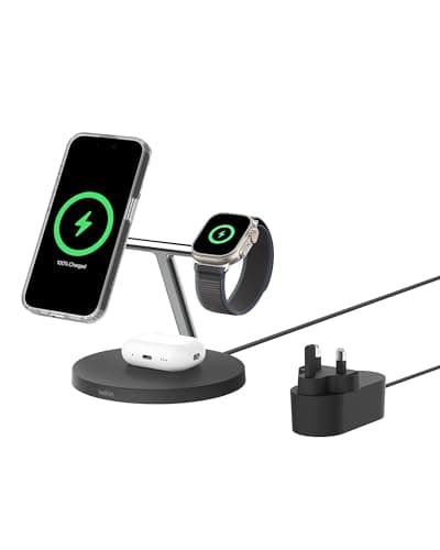 Image of Belkin BoostCharge 3-in-1 Qi2 charger, MagSafe compatible wireless charging station, Qi2 Wireless Charger for Apple iPhone 17 Series, Air, Apple Watch, AirPods with Non-Slip Base, PSU Included - Black