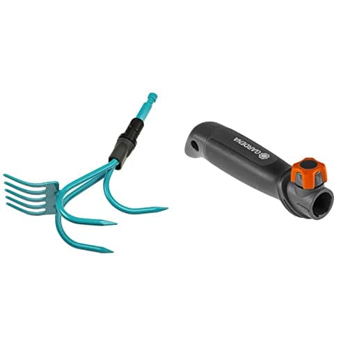 Image of Gardena combisystem Grubber-Rake: Practical 2-in-1 garden tool, turquoise and black, one size, (03165-20) & combisystem Small Appliance Handle, Black/Orange