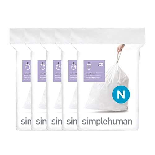 Image of simplehuman Code N 100 Liners, 50% Recycled Custom Fit Bin Bags in Dispenser Packs with Durable Drawstring Tie Handle, 45-50L, White