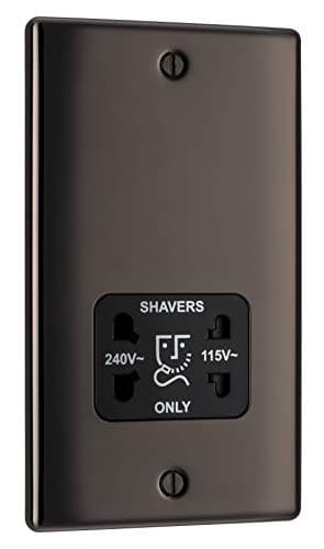 Image of BG Electrical Dual Voltage Shaver Plug Socket, Electric Toothbrush Charger Socket for Bathrooms, Raised and Slim Profile, Round Edges, Nexus Metal, 2-Pin, Black Nickel, 115V / 240V, NBN20B