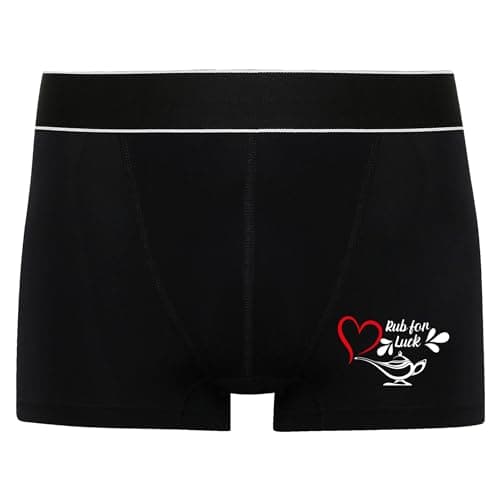 Image of Print Maniacs Valentine's Boxers Birthday Christmas Trunks Shorts Underwear Funny Printed Mens Boyfriend Gift For Him Rub For Luck (L) Black