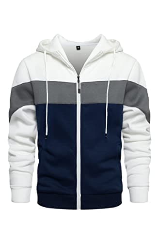 Image of Wirltte Mens Hoodie Zip up Hoodies Color Block Hooded Sweatshirt Long Sleeve Patchwork Tops with Pockets White XL