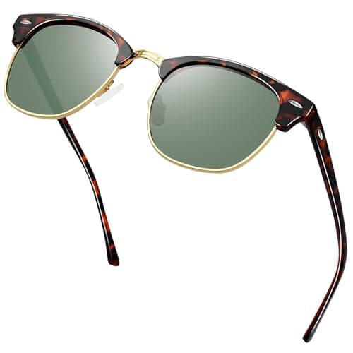 Image of KANASTAL Dark Green Sunglasses Mens Polarised Womens Half Framed Horn Rimmed Sun Glasses Square Female Retro Semi Rimless Browline - Tortoiseshell Green Lens