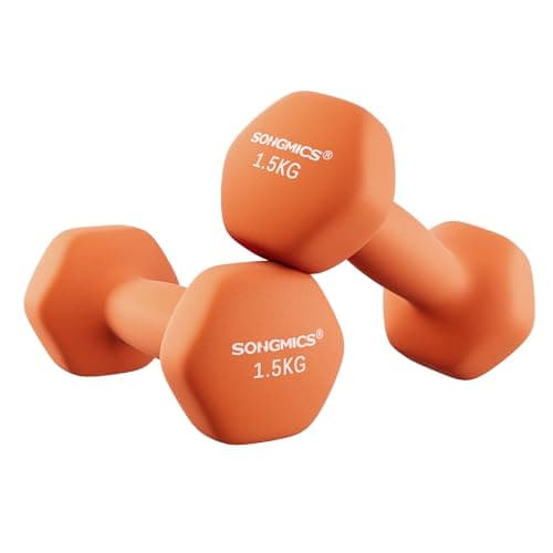 Image of SONGMICS Set of 2 Dumbbells, 2 x 1.5 kg Hand Weights with Neoprene Coating, Hexagonal Dumbbells Pair, Home Workout, Fitness Training Exercise, Orange SYL63OG