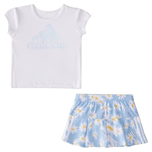 Image of adidas French Terry Short Sleeve T-Shirt and Pleated Skirt Set Tracksuit Baby Girls, White, 12m