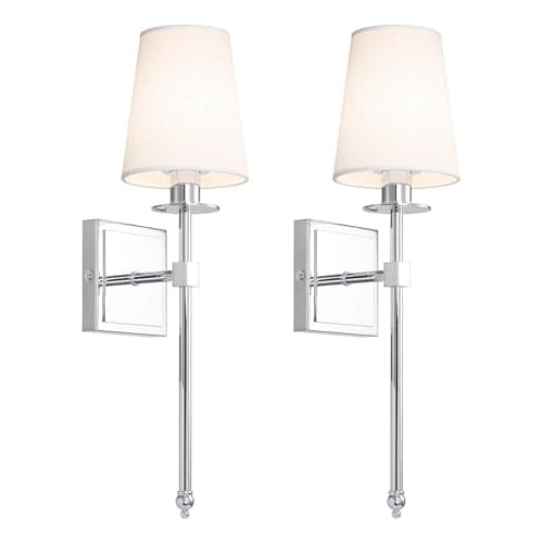 Image of XiNBEi Bedroom Wall Lights Set of 2, Modern Bedside Wall Lamp with Flared Linen Lampshade E14 Chrome Sconce Lighting for Bathroom & Living Room NL-W1307-CH