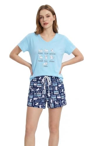 Image of CHUNG Women Short Pajama Set Ladies Cotton Print Short Sleeve Top Pyjama shorts 2 Pcs V-neck T-Shirt & Bottom Pants Loungewear Blue Cat, M