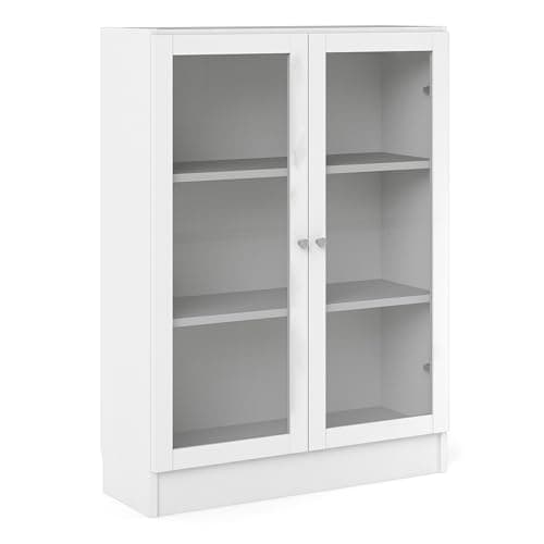 Image of Furniture To Go Basic Low Wide Display Cabinet in White (2 Shelves) with 2 Glass Doors in White