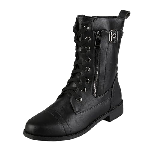 Image of SAUTRV Women's Front Solid Color Side Zipper Low Heel Flat Large Size Mid Calf Boots Women Heel Boots (Black, 5.5)
