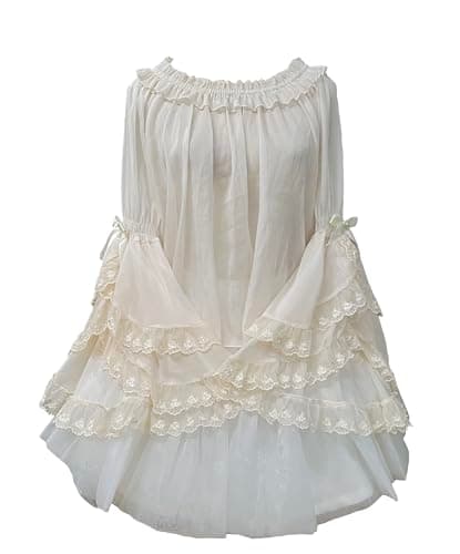 Image of Smiling Angel Victorian Lolita Blouse Off-Shoulder Chiffon Top with Lace Ruffled Sleeves Shirt, Light Apricot, One Size