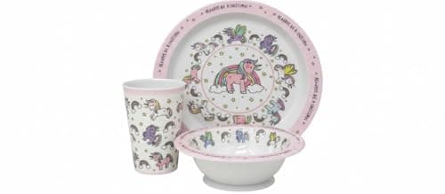 Image of Kids 3 Piece Dinnerware Set – Plate, Bowl & Beaker Bundle – Children’s Mealtime Set – Dinosaur, Unicorn or Vehicle Design – Reusable Lightweight Kids Tableware HTUK (Unicorn Breaker+Bowl+Plate)