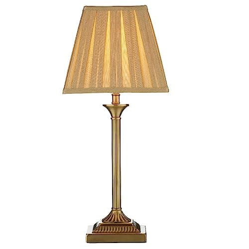 Image of Britalia Antique Brass Traditional Candlestick Table Lamp with Gold Faux Silk Pleated Shade | 49cm Height | 1 x SES E14 Lamp Bulb Required | Square Base | Vintage Influence | Inline Rocker Switch