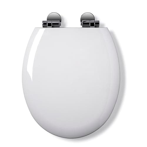 Image of Croydex Fraser Flexi-Fix Wooden Soft Close Toilet Seat - Quick Release Hinges for Easy Cleaning with Top or Bottom Fixing and a Smooth Gloss White Antibacterial Surface