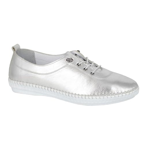 Image of Mod Comfys Softie Leather Casual Shoes with Elastic & Lace Up, Silver, 5 UK