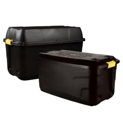 Image of Original Organics Heavy Duty Plastic Storage Boxes with Wheels – 190L and 145L, Black, Large Lockable Storage Trunks with Secure Lids for Garden, Garage and Home Storage, Mixed Size Bundle Set of 2
