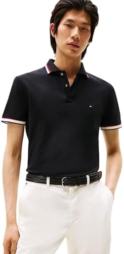 Image of Tommy Hilfiger Men’s Short Sleeve Cuff Interest Slim Fit Polo Shirt, Black (Black), XXL