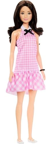 Image of Barbie Fashionistas Doll #224 with Black Wavy Hair, Pink Gingham Dress & Accessories, 65th Anniversary Collectible Toy, HRH21