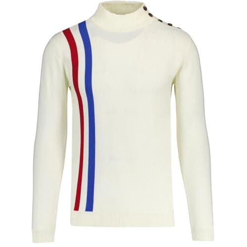 Image of Madcap England Men's Mod 60s 70s Racing Stripe Turtleneck High Neck Jumper Sweater with Shoulder Buttons Coleridge MC61 (UK, Alpha, L, Regular, Regular, Winter White (Cream))