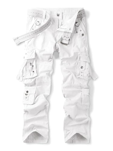 Image of Aeslech Men's Cotton Casual Baggy Work Cargo Trousers Hiking Travel Pants with Pockets Relaxed Loose Fit White 34