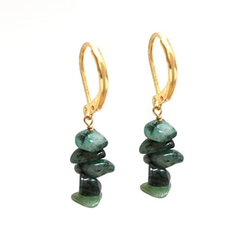 Image of Gempires Natural Emerald Chips Leverback Hoop Earring, Handmade Gemstone Jewelry, 14k Yellow Gold Plated, Earring For Women (emerald)