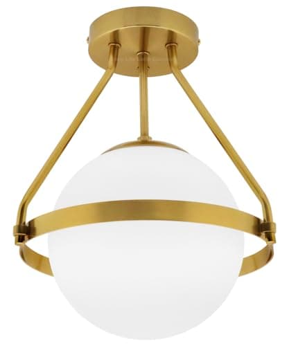 Image of Antique Brass Pendant Light Fixed, Opal Globe Ceiling Light Frosted Glass Lamp Shade H3141