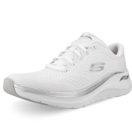 Image of Skechers Women's Arch Fit 2.0 Glow The Distance Slip-On Sneakers, White Mesh/Silver Trim, 4 UK