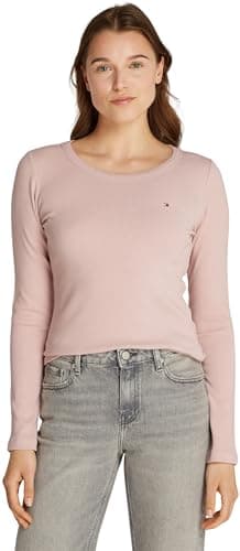 Image of Tommy Hilfiger Women’s Long Sleeve Round Neck Slim Fit Top, Pink (Foggy Pink), XS