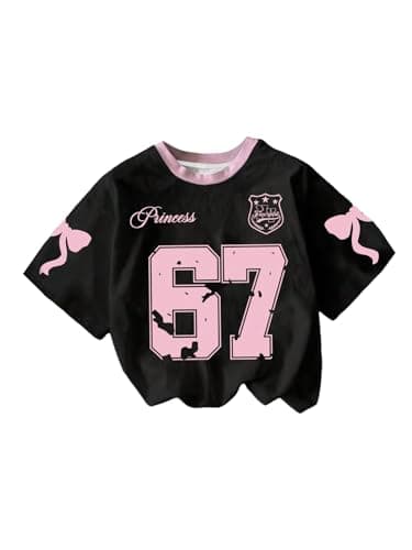 Image of GORGLITTER Girl's Number Jersey Shirts Oversized Bow Graphic Tees V Neck Half Sleeve Going Out Tops Age 8-12 Years Pink and Black 10Y
