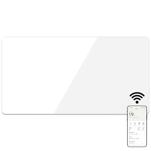 Image of Mylek Radiator Glass Panel Heater White Slimline, Wifi Enabled Smart APP 2000W, Open Window Detection, Wall Mounted Or Free Standing, Low Energy Heaters, Timer, Lot 20, (White 2KW)