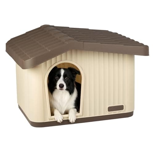 Image of VOUNOT® Dog House, Weatherproof Pet Shelter with Sloped Roof, Durable Kennel with Non-Slip Feet for Indoor & Outdoor Use, 75×63×51cm, Beige