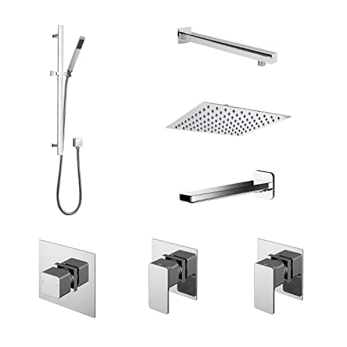 Image of nuie SBS137ST3 Windon Spa Modern Bathroom Shower Bundle with Temperature Valve, Stop Tap, Diverter, Arm, Head, Slide Rail Kit & Spout, 685mm, Chrome