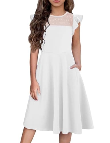 Image of Arshiner Girls Summer Dress Ruffles Short Sleeve mesh A Line Kids Casual Dresses Party Dresses with Pockets White 14-15T 165