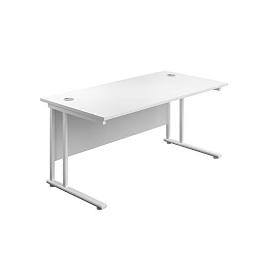 Image of Office Hippo Heavy Duty Rectangular Cantilever Office Desk, Home Office Desk, Office Table, Integrated Cable Ports, PC Desk For Office or Home, 5 Yr Wty - White Frame/White Top, 140cm x 80cm