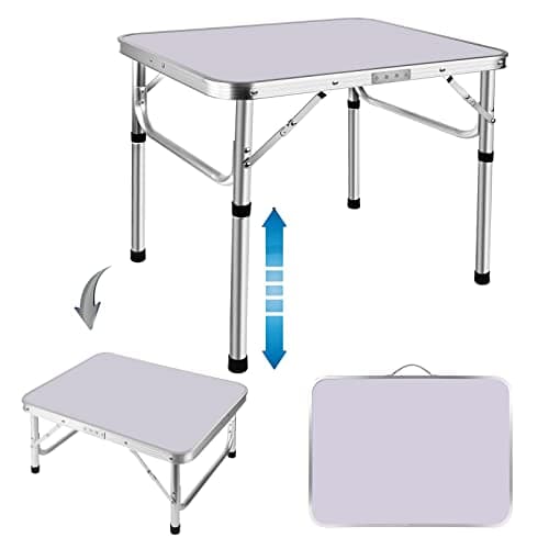 Image of Jupitor Folding Tables Picnic Table with 2 Adjustable Height, Fold Up Camping Outdoor Bench Dinning Table, Small Bed Working from Home Sofa Study Lightweight, White, 2ft -23.6'' x 17.7'' x 10''/22''