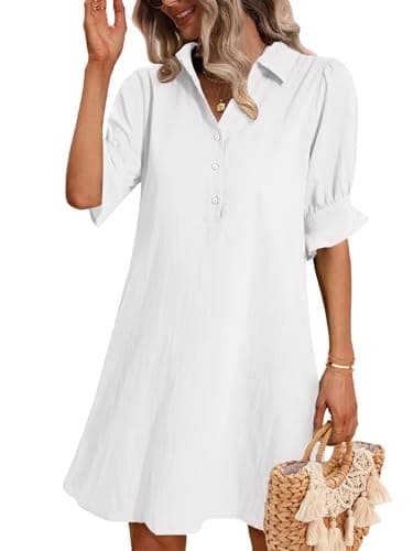 Image of Zeagoo Womens Shirt Dress Casual Ruffle Short Sleeve Summer Dresses Chiffon Button Down Work Dress with Pockets White