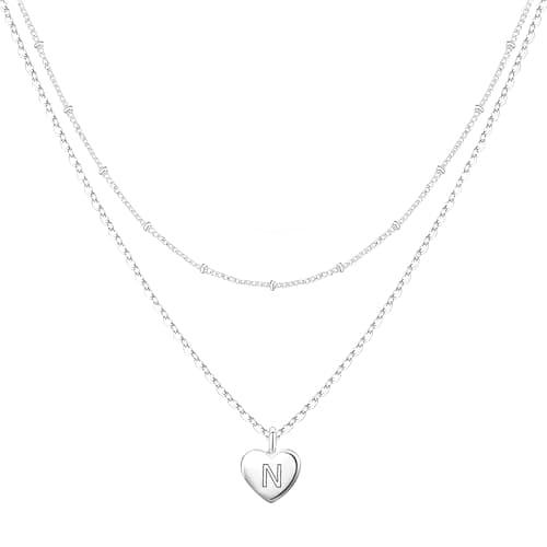 Image of Avotto 925 Sterling Silver Inital Necklace for Women Double Silver Layered Initial Heart Necklace for Women Necklaces Stack Jewellry Gifts