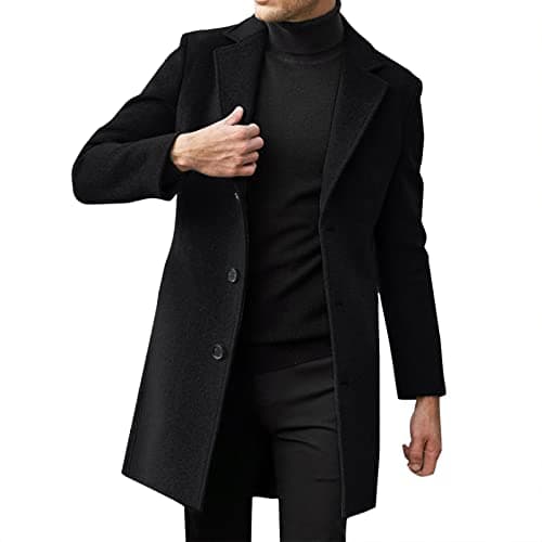Image of Mymyguoe Trench Coat Men's Coat Winter Coat Transition Jacket Elegant Windproof Single Breasted Business Outfit Transition Coat Wool Coat Warm Coat Button Down Business Jacket, black, M