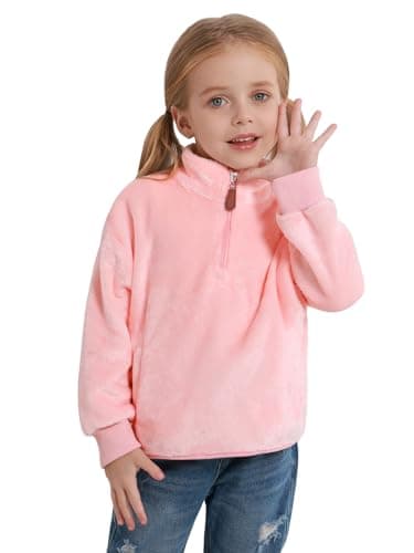 Image of URMAGIC 3-9Y Girls Casual Long Sleeve Warm Fleece Half Zip Sweatshirt Hoodie Winter Christmas Jumpers Tops With Pockets Pink
