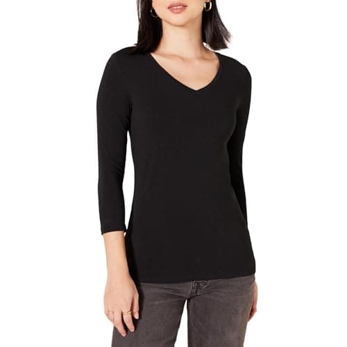 Image of Amazon Essentials Women's Classic-Fit 3/4 Sleeve V-Neck T-Shirt (Available in Plus Size), Black, Small