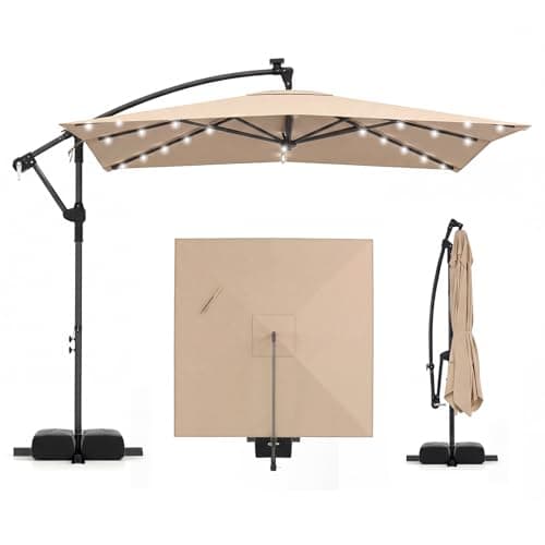 Image of COSTWAY 2.5M/3M Cantilever Garden Parasol, Square Offset Banana Umbrella with 360° Rotation, Crank Handle & Base, 8-Rib Outdoor Hanging Sun Shade Canopy (2.5M, Coffee-with Lights & Sandbags)