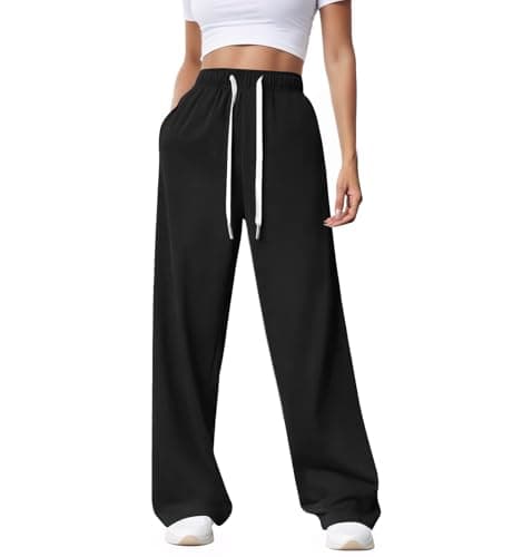 Image of Getervb Wide Leg Joggers for Women Baggy Ladies Tracksuit Bottoms Elasticated Waist Sweatpants Womens Casual Gym Trousers with Pockets Lounge Pants Black